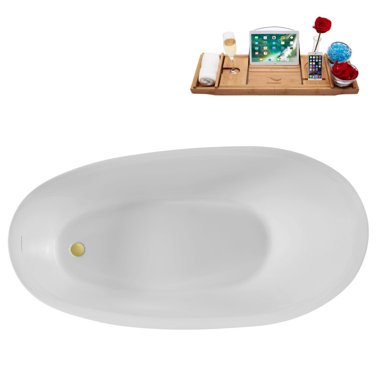 68" Glossy White Acrylic Freestanding Bathtub with Polished Gold Trim