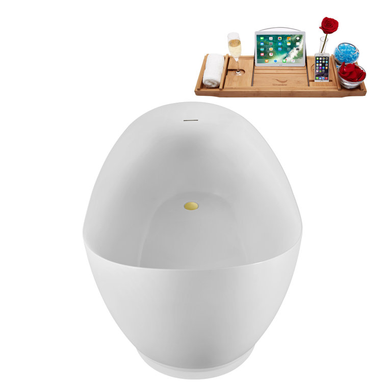 68" Glossy White Acrylic Freestanding Bathtub with Polished Gold Trim