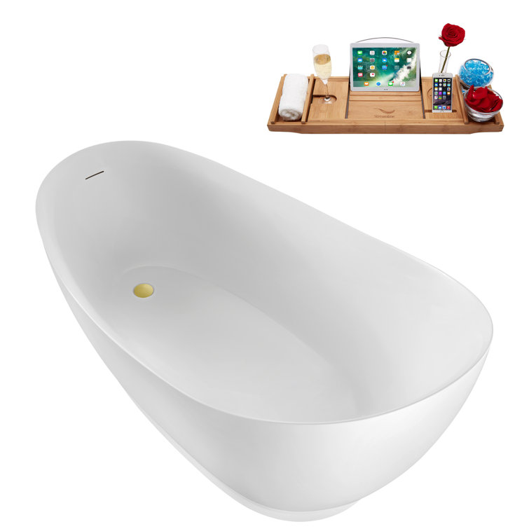 68" Glossy White Acrylic Freestanding Bathtub with Polished Gold Trim