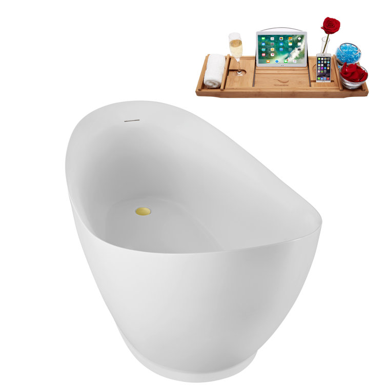 68" Glossy White Acrylic Freestanding Bathtub with Polished Gold Trim