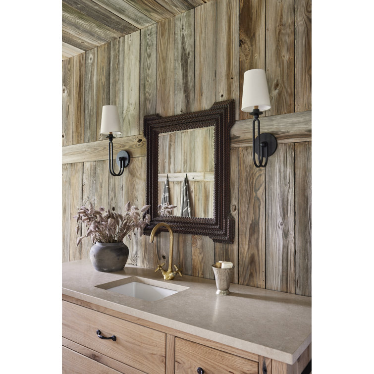 Troy Lighting Black Iron Wall Sconce with Linen Shade