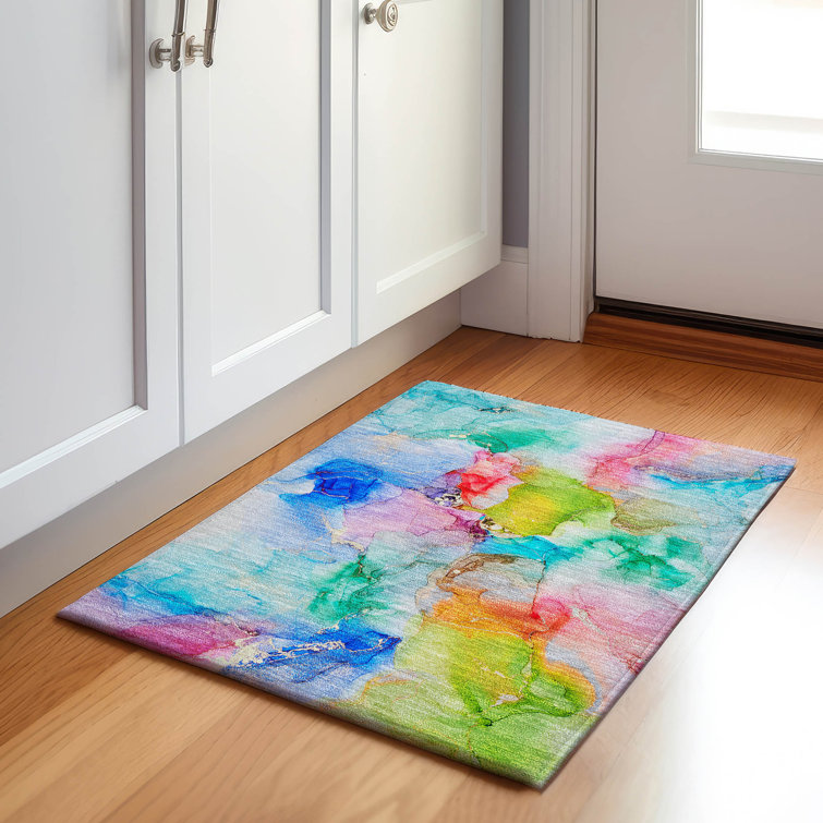 Blue Abstract Rectangular Washable Synthetic Rug 1'8" x 2'6"