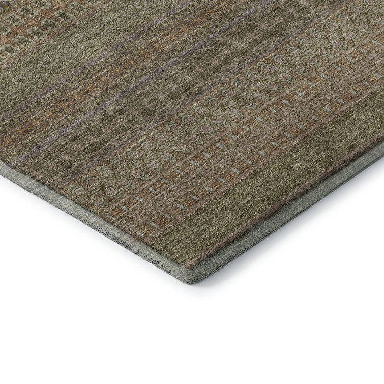 Khaki Rectangular Washable Synthetic Stripe Rug 1'8" x 2'6"