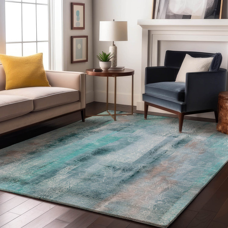Teal Rectangular Washable Non-Slip Synthetic Rug 46" x 30"