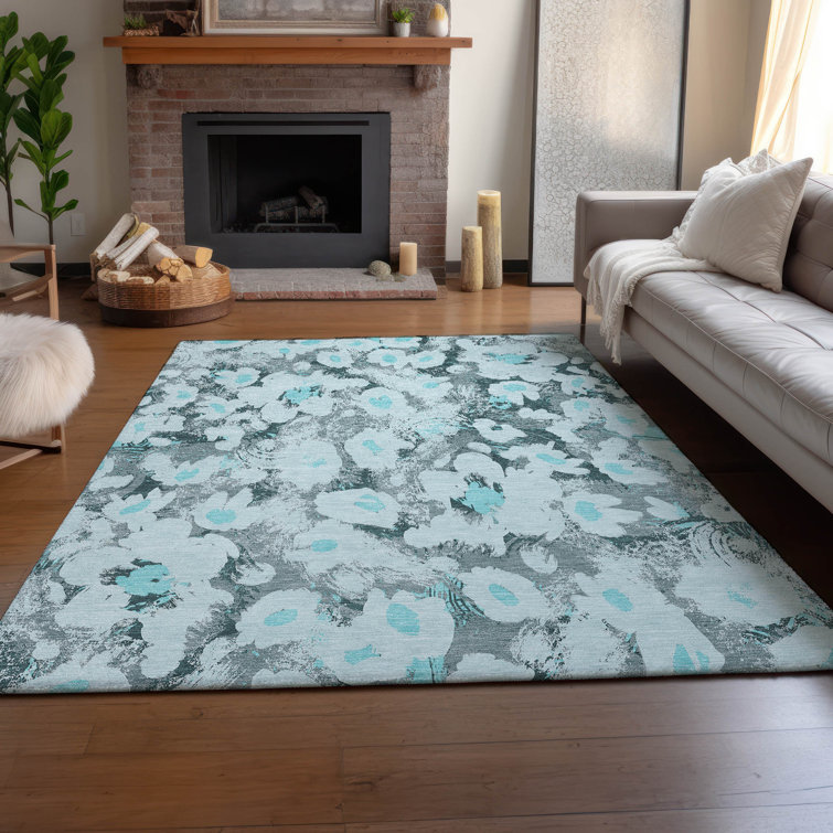 Teal Floral Synthetic 9' x 12' Washable Rectangular Rug