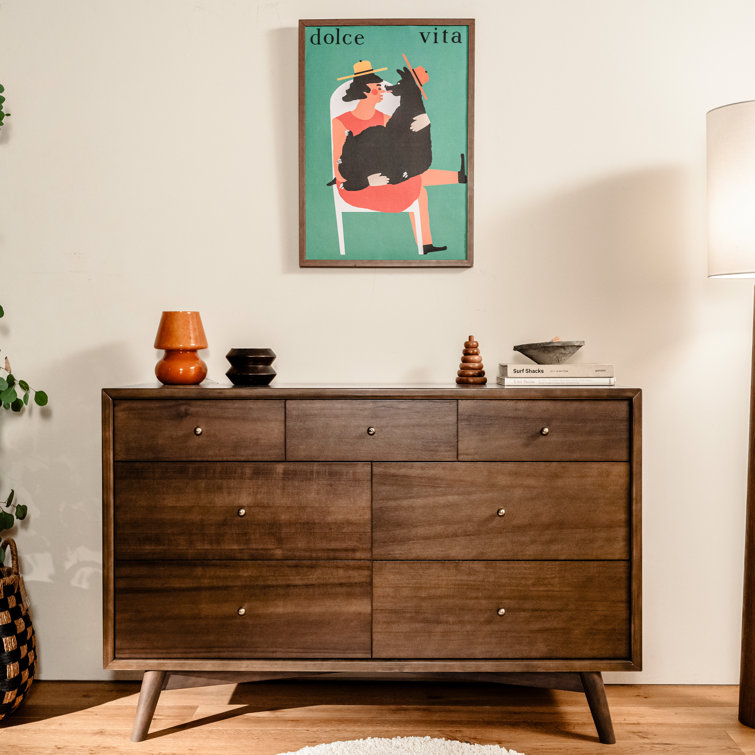 Palma Mid-Century Modern 7-Drawer Dresser with Brushed Metal Hardware