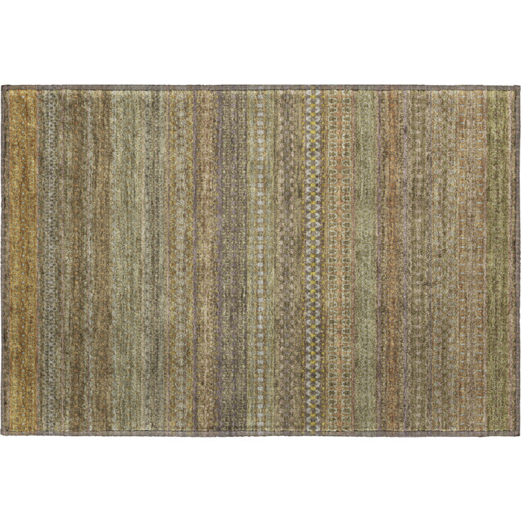 Khaki Rectangular Washable Synthetic Stripe Rug 1'8" x 2'6"
