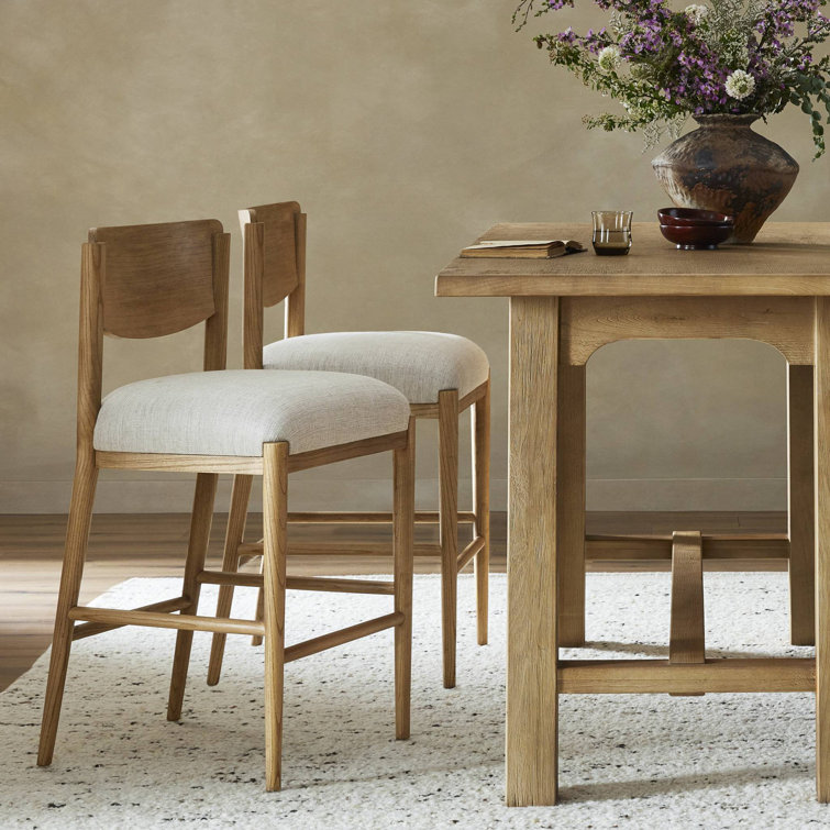 Natural Wood Counter Stool with Linen Upholstery