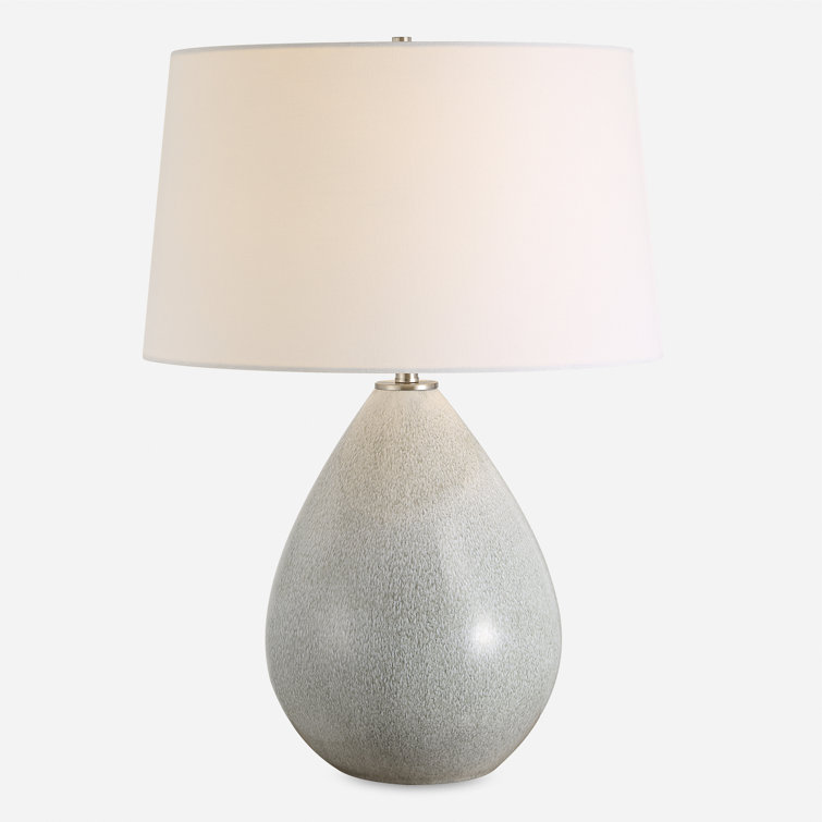 Mushroom Gray Ceramic Teardrop Table Lamp with White Linen Shade