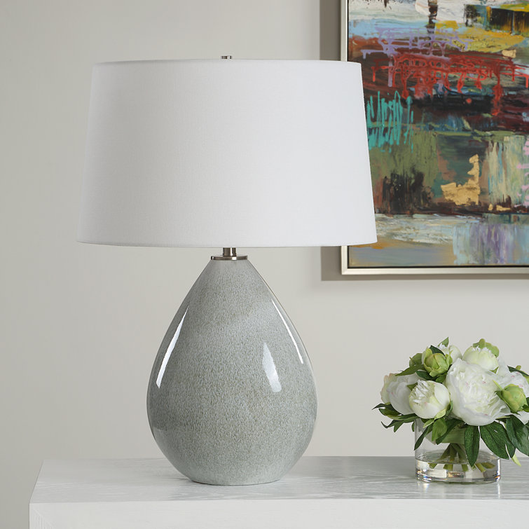 Mushroom Gray Ceramic Teardrop Table Lamp with White Linen Shade