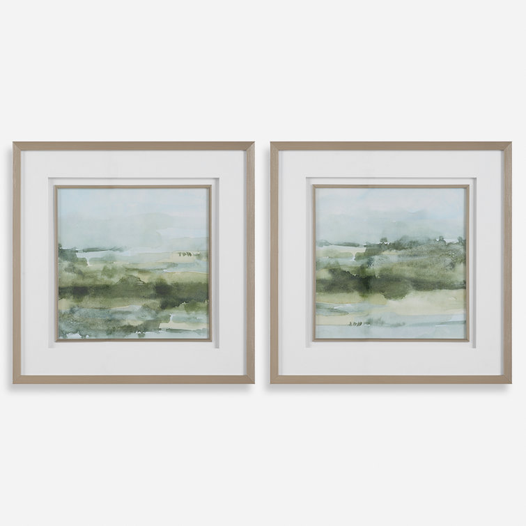 Soft Sage Abstract Landscape Prints with Champagne Gold Frame