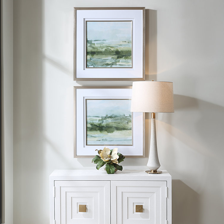 Soft Sage Abstract Landscape Prints with Champagne Gold Frame