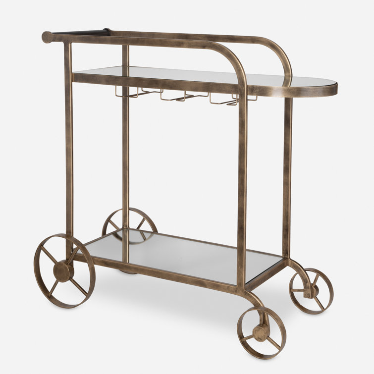 Antique Brass Bar Cart with Mirror Shelves and Storage