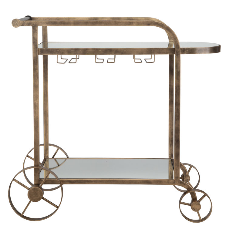 Antique Brass Bar Cart with Mirror Shelves and Storage