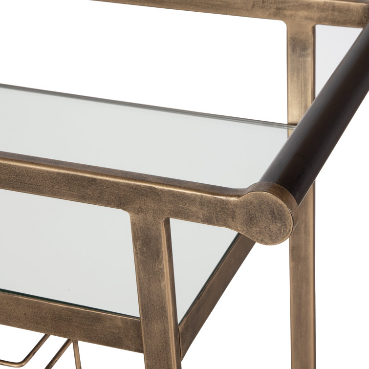 Antique Brass Bar Cart with Mirror Shelves and Storage