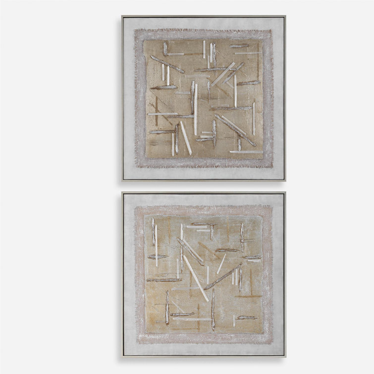 Hand-Painted Beige and White Canvas Art Set with Gold Frame