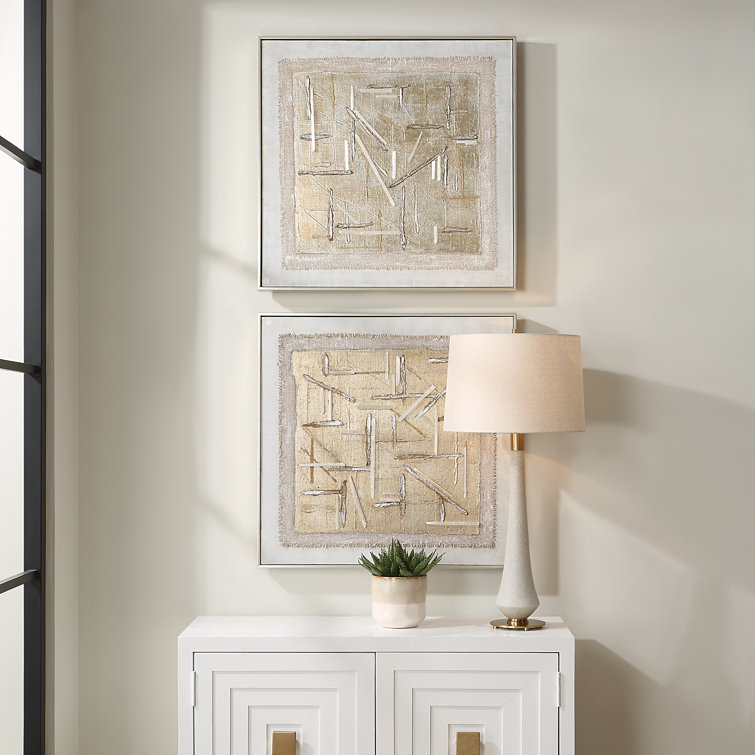 Hand-Painted Beige and White Canvas Art Set with Gold Frame