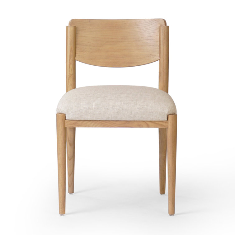 Beige Linen Upholstered Side Chair with Natural Wood Frame