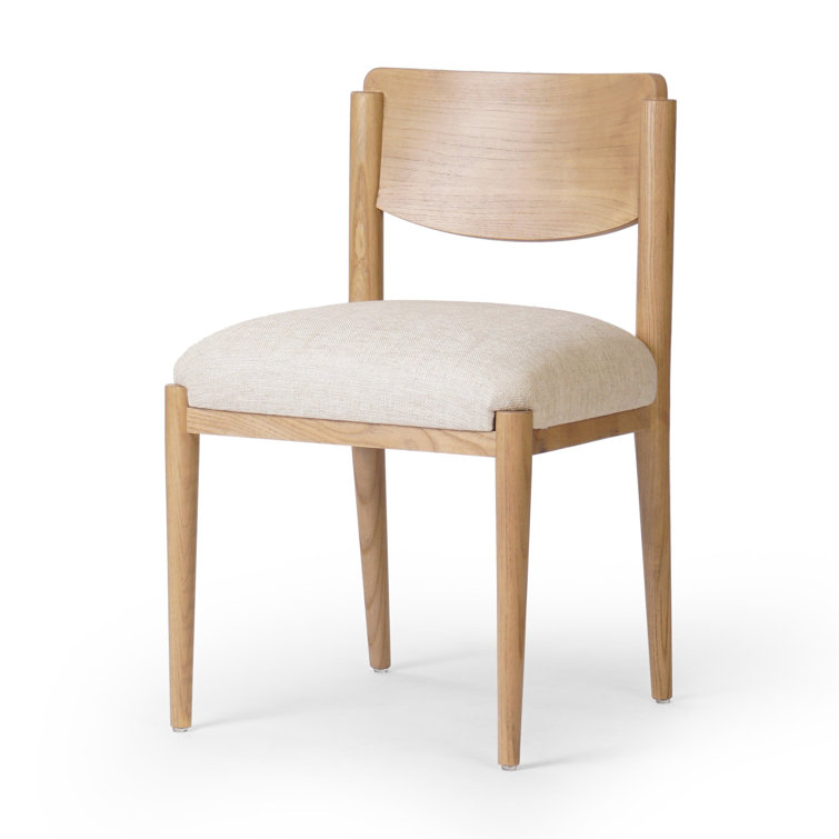 Beige Linen Upholstered Side Chair with Natural Wood Frame