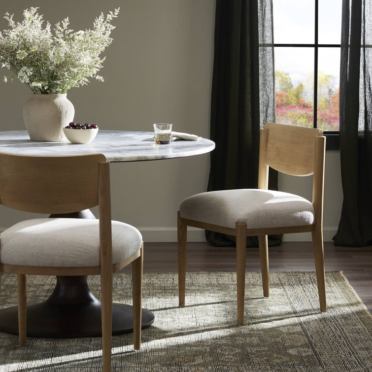 Beige Linen Upholstered Side Chair with Natural Wood Frame