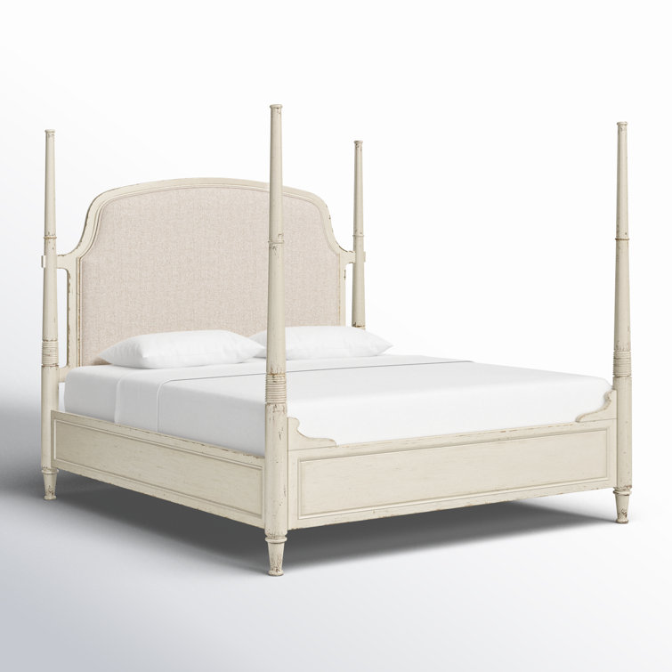 Rustic Beige King Upholstered Poster Bed with Wood Frame