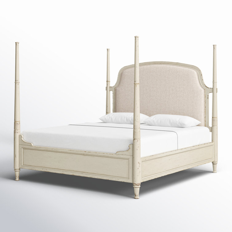 Rustic Beige King Upholstered Poster Bed with Wood Frame