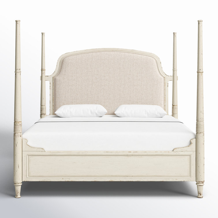 Rustic Beige King Upholstered Poster Bed with Wood Frame