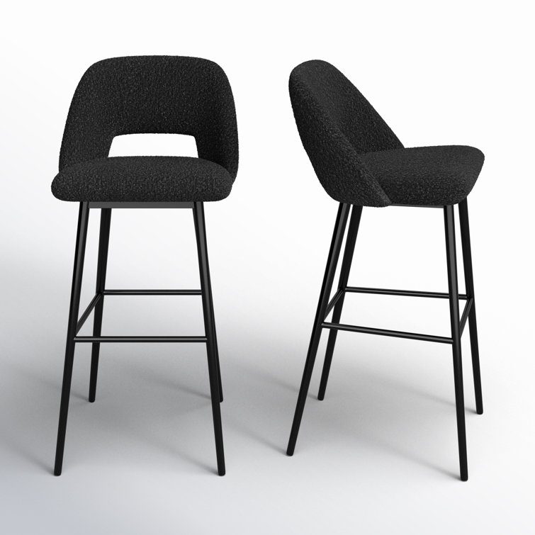 Black Boucle Upholstered Bar Stools with Powder-Coated Steel Legs