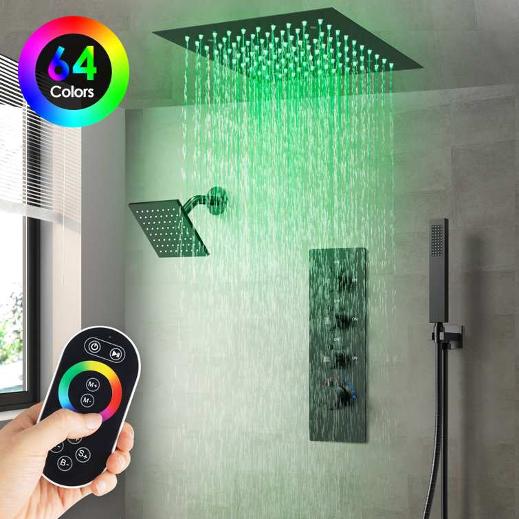 Matte Black Dual Rainfall LED Shower System with Thermostatic Valve