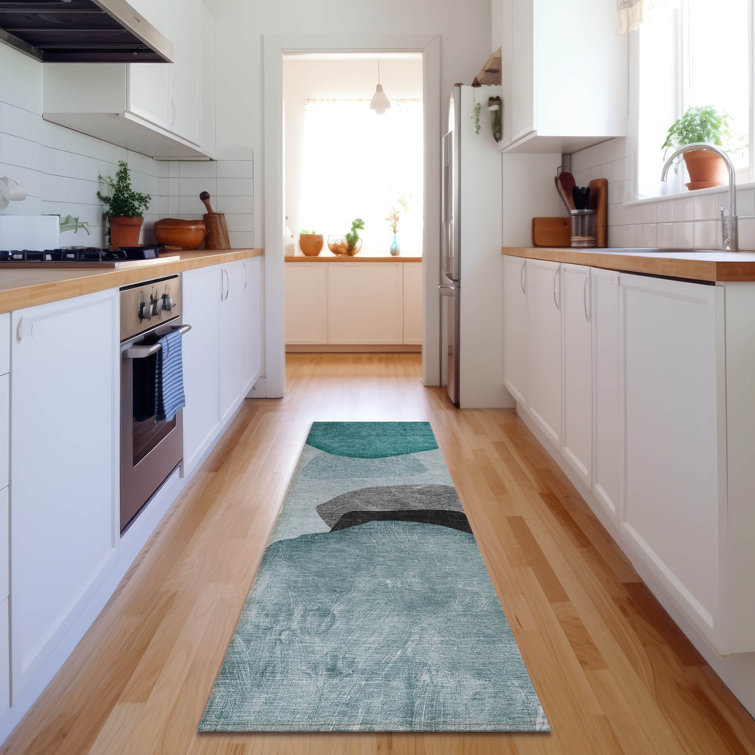 Teal Synthetic Washable Modern Abstract Rug 2'3" x 7'6"