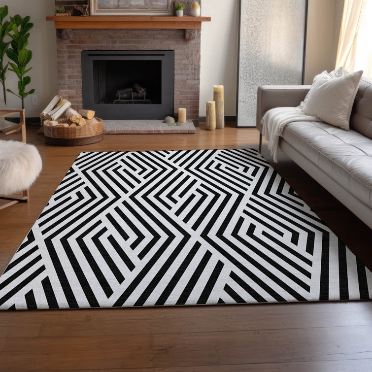 Addison Black Synthetic Washable 9' x 12' Geometric Rug