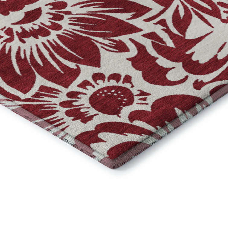Burgundy Floral Rectangular Washable Synthetic Rug 3' x 5'