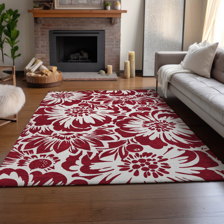 Burgundy Floral Rectangular Washable Synthetic Rug 3' x 5'