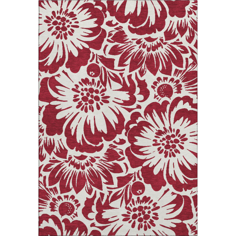Burgundy Floral Rectangular Washable Synthetic Rug 3' x 5'