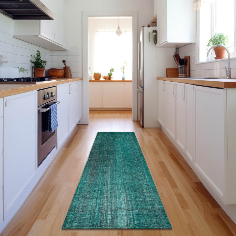 Teal Microfiber Abstract Washable Runner Rug 2'3" x 7'6"