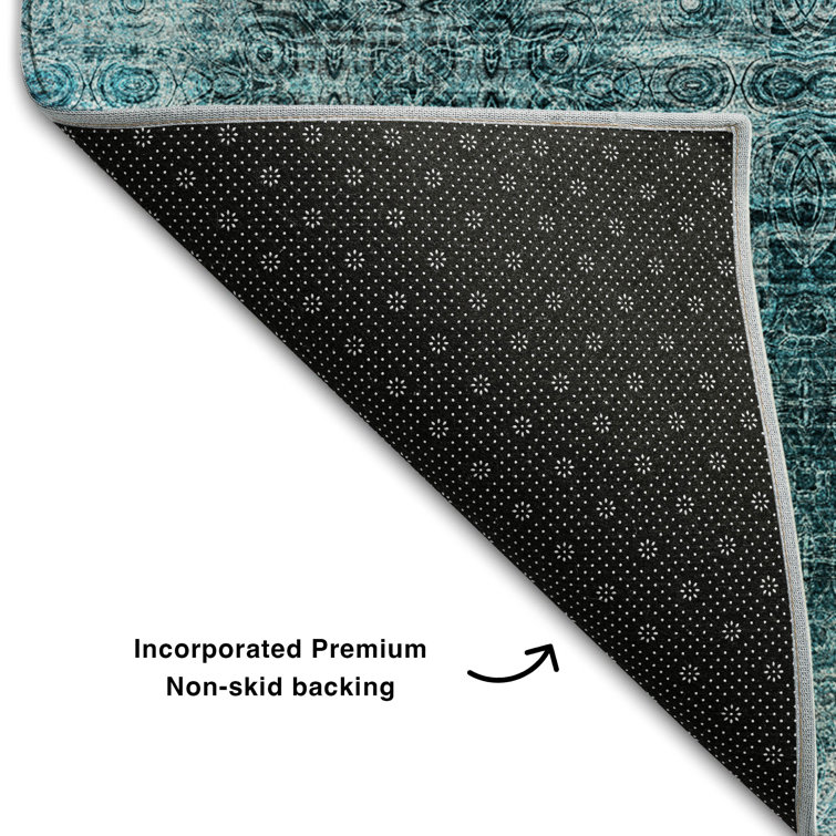 Teal Rectangular Washable Synthetic Boho Rug 46" x 30"