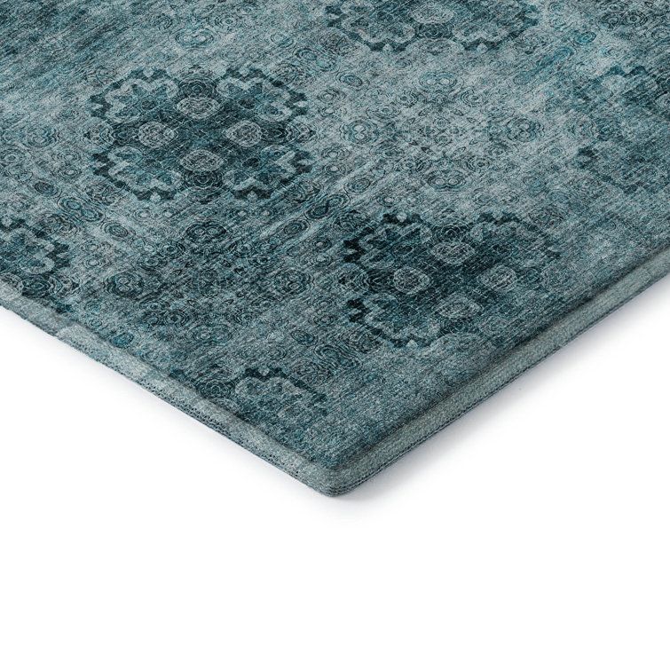 Teal Rectangular Washable Synthetic Boho Rug 46" x 30"