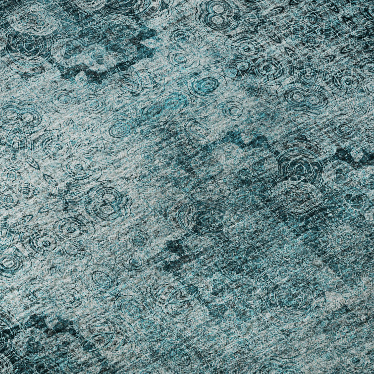 Teal Rectangular Washable Synthetic Boho Rug 46" x 30"