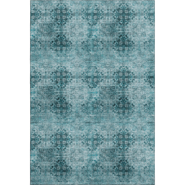 Teal Rectangular Washable Synthetic Boho Rug 46" x 30"
