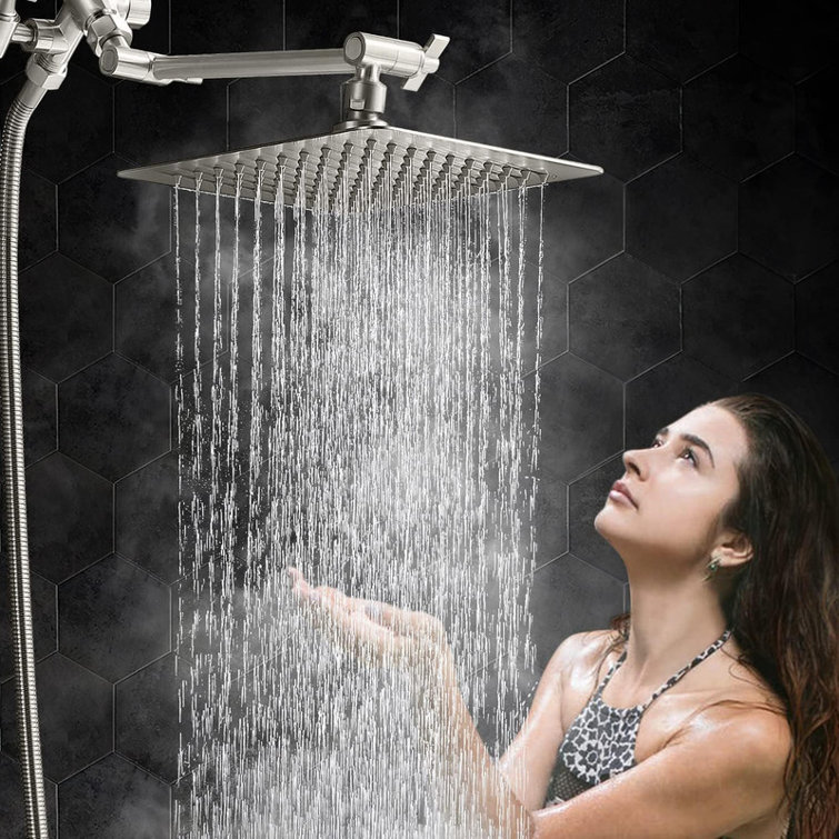 Brushed Nickel Dual Square Rain Shower Head with Handheld Wand