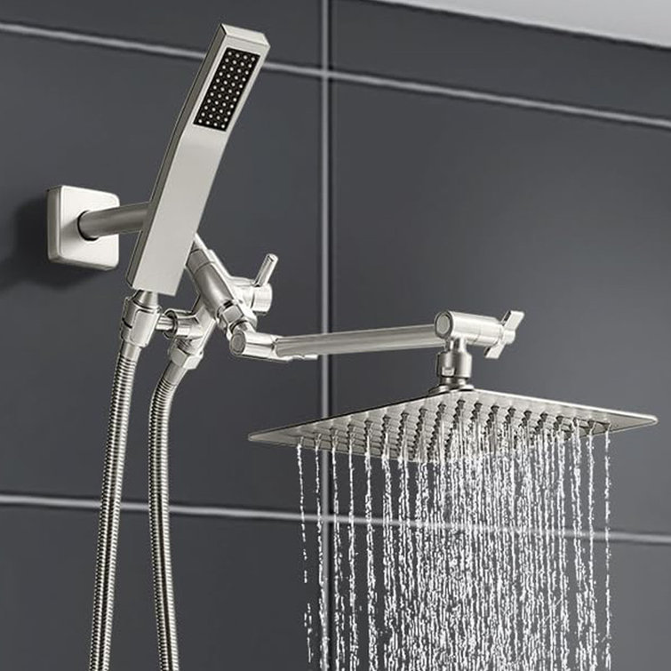 Brushed Nickel Dual Square Rain Shower Head with Handheld Wand