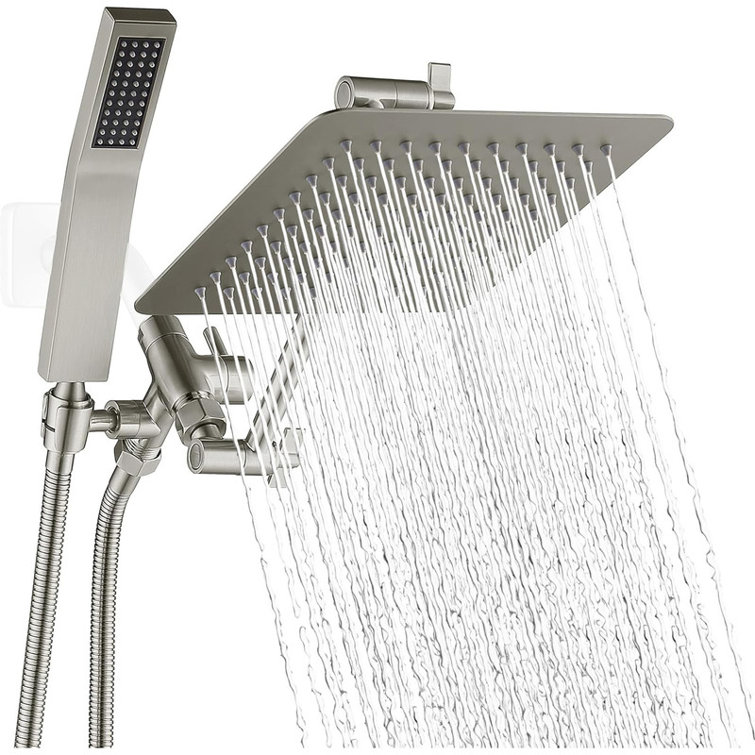 Brushed Nickel Dual Square Rain Shower Head with Handheld Wand