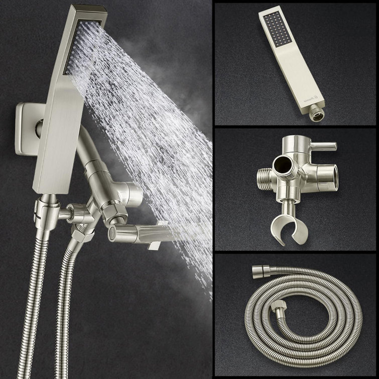 Brushed Nickel Dual Square Rain Shower Head with Handheld Wand