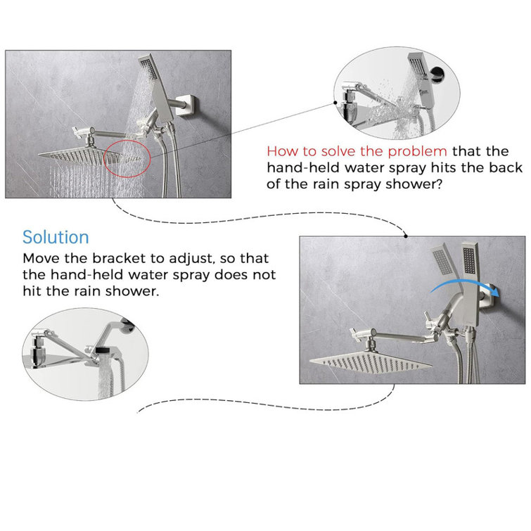 Brushed Nickel Dual Square Rain Shower Head with Handheld Wand