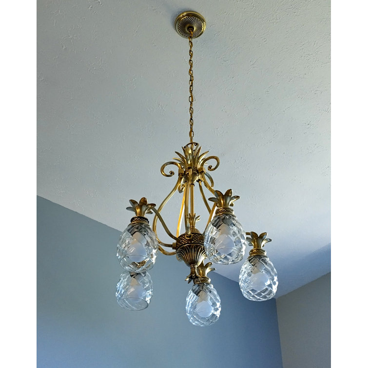 Ornate Pineapple 5-Light Chandelier in Burnished Brass with Clear Optic Glass