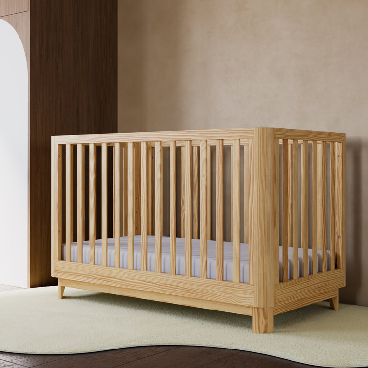 Natural Pine 3-in-1 Convertible Baby Crib with Rounded Posts