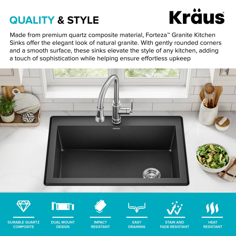 33-Inch Black Granite Single Bowl Drop-In Kitchen Sink