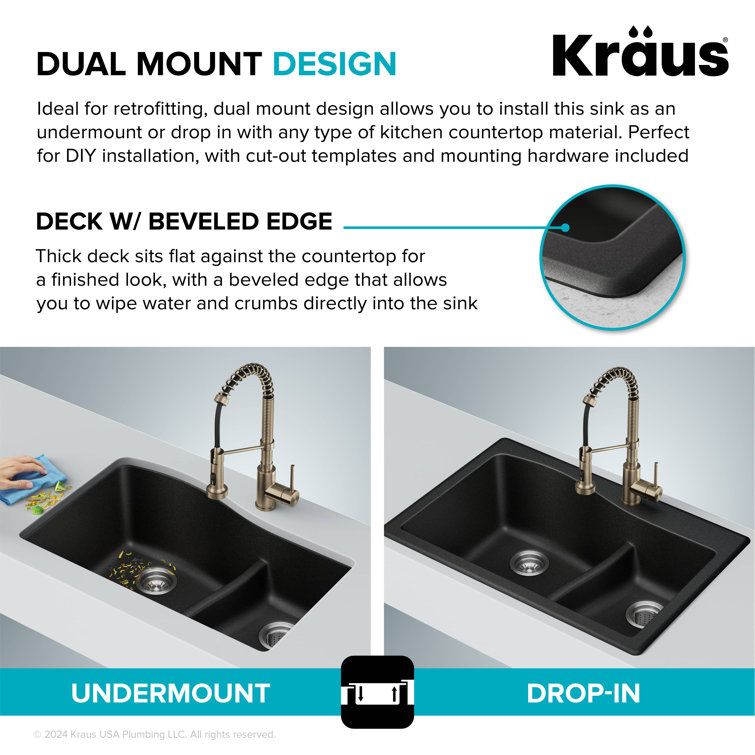 Gray 33-inch Dual Mount Double Bowl Granite Kitchen Sink