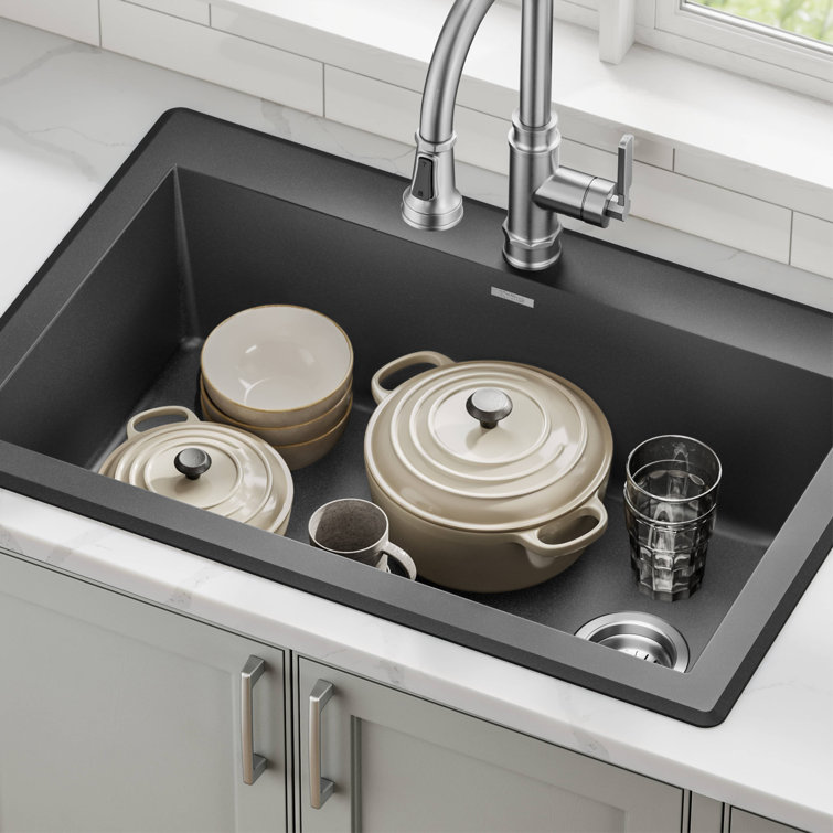 33-Inch Black Granite Single Bowl Drop-In Kitchen Sink