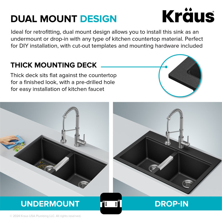 33-Inch Black Granite Double Bowl Drop-In Kitchen Sink